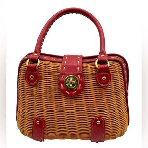 Red Leather Trimmed Woven Rattan Wicker Handbag Vintage chic elegant preppy bag